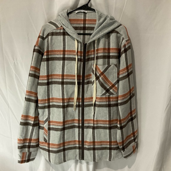 Staccato Jackets & Blazers - Staccato Womens Fall Plaid Hooded Shacket Size Large Gray Orange Black NWOT